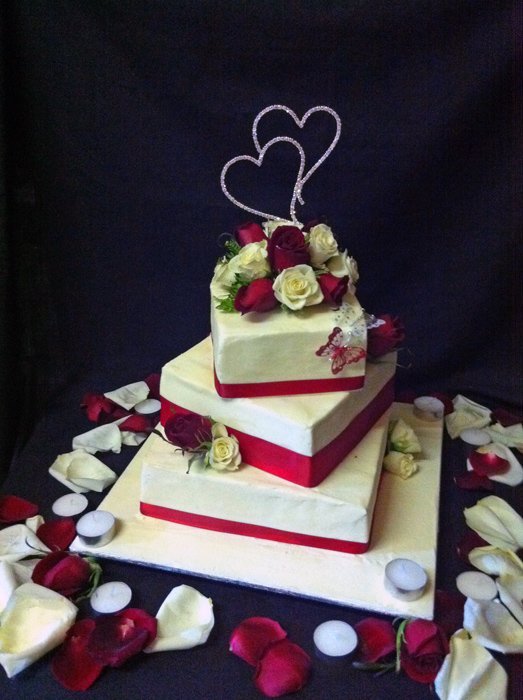 Wedding Cake Three Tier with Red Ribbon